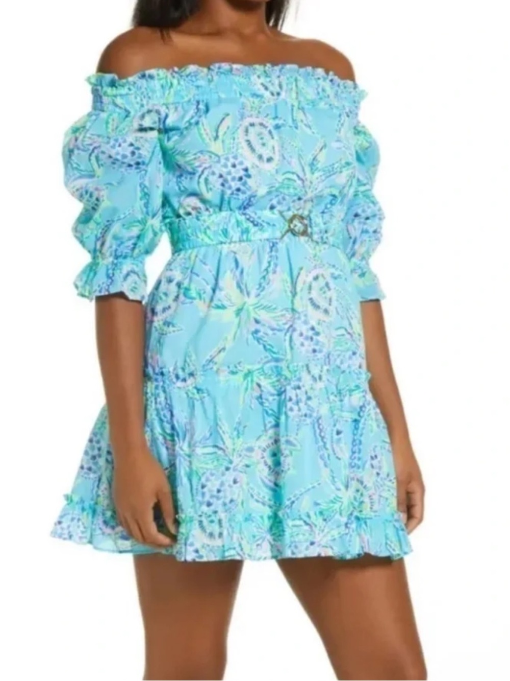 Lilly Pulitzer | Louisa Off the Shoulder Turtle Season Mini Dress Ruffled Belted